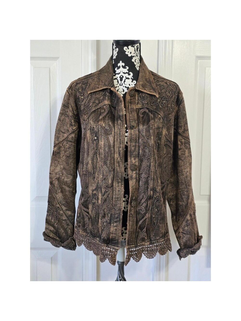Flashback Women's PXL Brown Embroidered Lace Trim Denim Jacket
